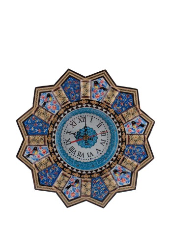 قاب ساعت خاتم کاری / مدل خورشیدی / حاشیه های قاب نقاشی گل و مرغ برجسته / صفحه ساعت میناکاری شده / اثر گروه هنری رستا